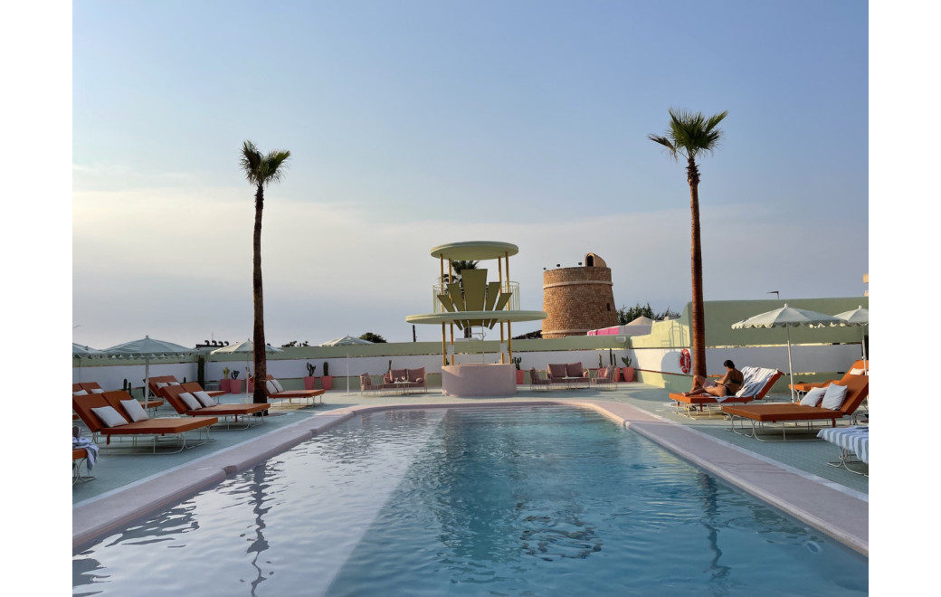 Pink pastel Art Deco hotel interior, Ibiza
